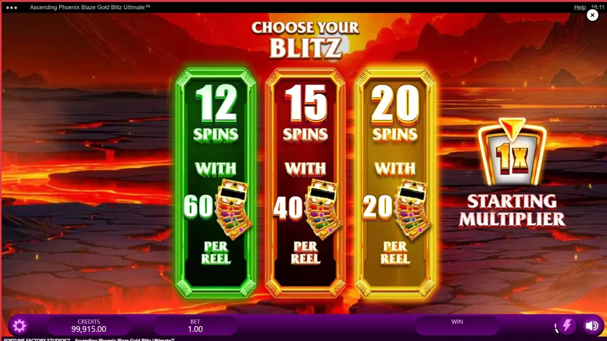 Tampilan visual slot Ascending Phoenix Blaze Gold Blitz Ultimate dengan simbol emas dan api